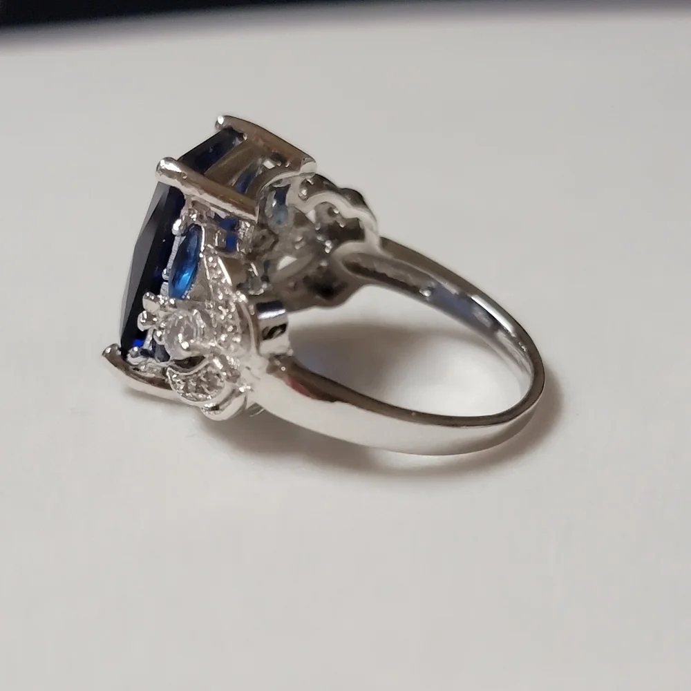 Simulated Sapphire Silver Tone Cocktail Ring Angel Wings and Marquise Stones
